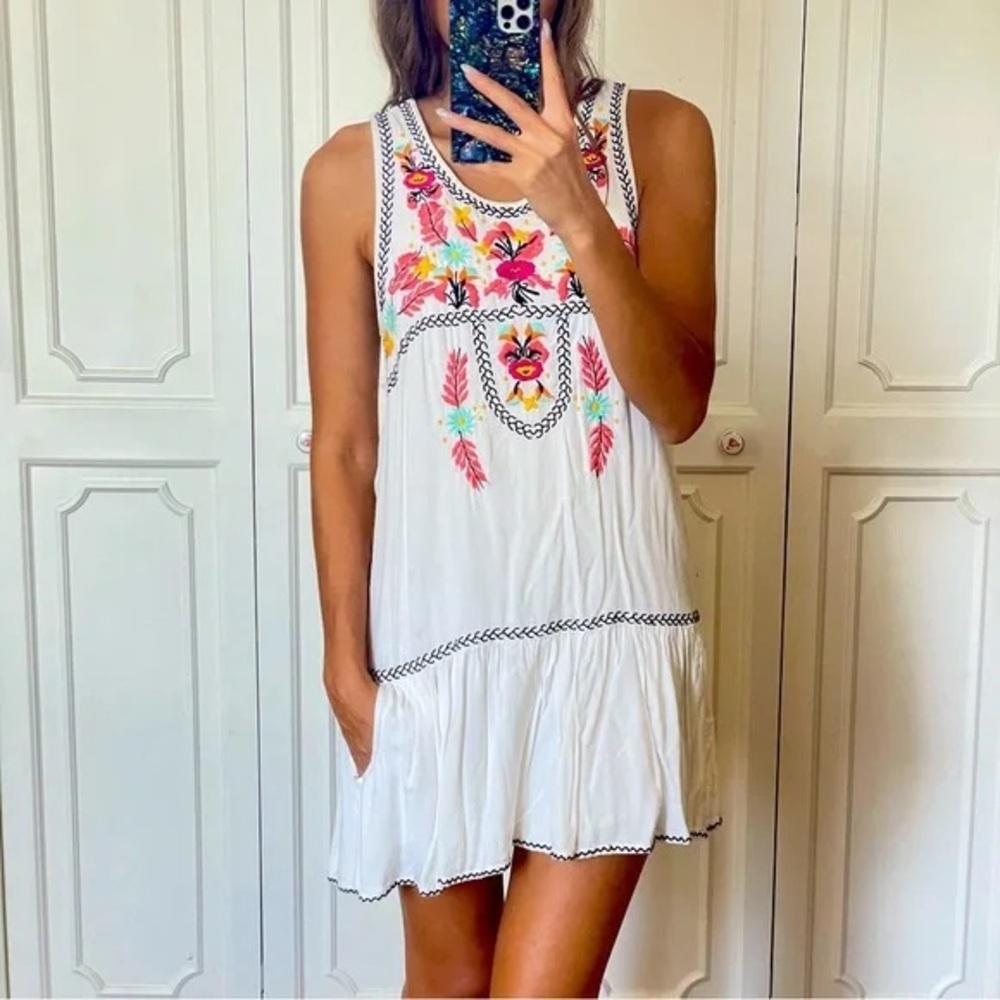 Lovers + Friends White Mini Dress with Pink & Coral Embroidery